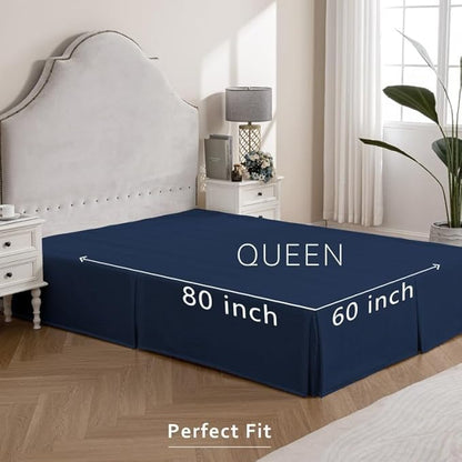 MIYE Pleated Waffle Weave Bed Skirt, Tailored Dust Ruffle 14 Inch Drop Easy Fit, Machine Washable (Navy Blue, Queen - 14" Drop)
