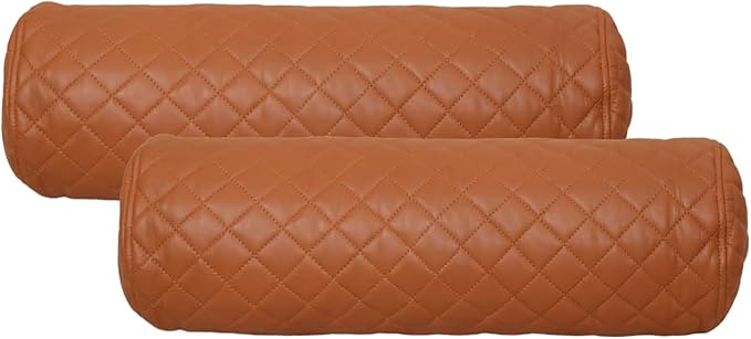 Neck Roll Pillow Cushion Cover, 14x6 Inch Full Moon Round Bolster Pillow Case, Cylinder Soft Lambskin Leather Pillowcase for Head, Spine & Neck Support During Sleep - Quilted Tan Pack of 2