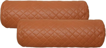 Neck Roll Pillow Cushion Cover, 14x6 Inch Full Moon Round Bolster Pillow Case, Cylinder Soft Lambskin Leather Pillowcase for Head, Spine & Neck Support During Sleep - Quilted Tan Pack of 2