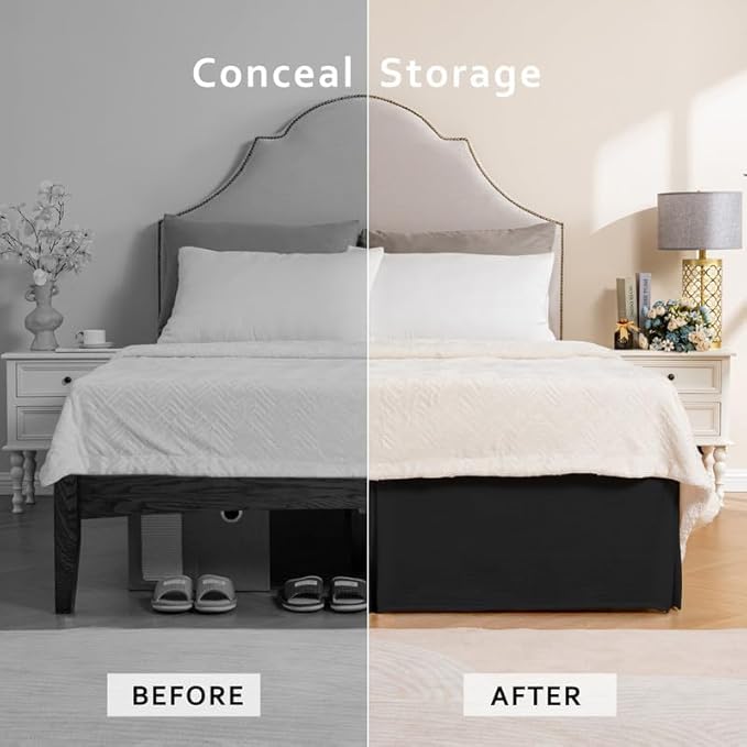 MIYE Pleated Waffle Weave Bed Skirt, Tailored Dust Ruffle 16 Inch Drop Easy Fit, Machine Washable (Black, Queen - 16" Drop)