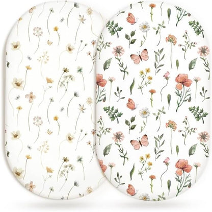 Bassinet Sheets for Baby Girls Boys 2 Pack, Fitted Baby Mattress Sheet for Rectangle, Oval, Hourglass Bassinet Mattress, Breathable Cozy & Universal Fit (Butterfly Garden)