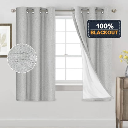 PrinceDeco Linen Texture Curtains Full Blackout Curtains 64 inch Long 2 Panels Set Anti-Rust Grommet Grey Linen Curtains Vertical Drapes Privacy for Bedroom Living Room，42 X 64 Inch, Glacier Grey