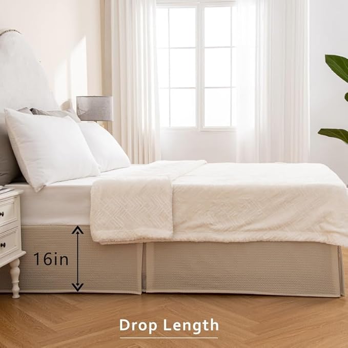 MIYE Pleated Waffle Weave Bed Skirt, Tailored Dust Ruffle 16 Inch Drop Easy Fit, Machine Washable,No Split Corners (Beige, King - 16" Drop)