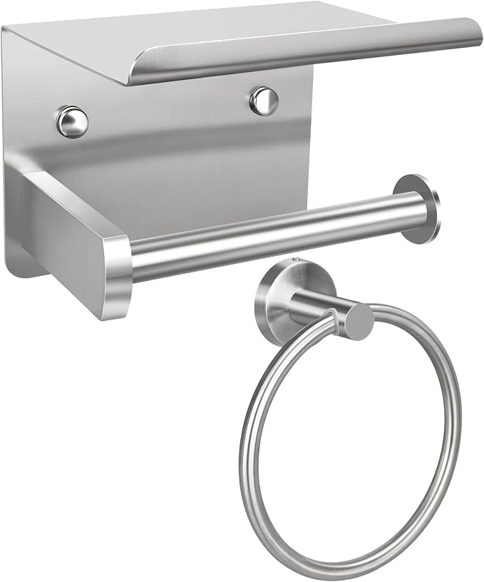1pcs Toilet Paper Holder with Shelf and 1pcs Towel Ring Set, Brushed Nickel by Mdvora
