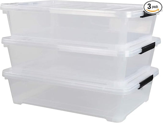 3-Pack Plastic Under Bed Storage Box Container, 40 Quart Clear Stackable by Hommp