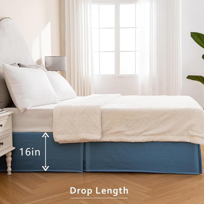 MIYE Pleated Waffle Weave Bed Skirt, Tailored Dust Ruffle 16 Inch Drop Easy Fit, Machine Washable (Blue, Full - 16" Drop)