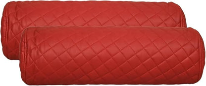 Neck Roll Pillow Cushion Cover, 18x6 Inch Full Moon Round Bolster Pillow Case, Cylinder Soft Lambskin Leather Pillowcase for Head, Spine & Neck Support During Sleep - Quilted Cherry Red Pack of 2