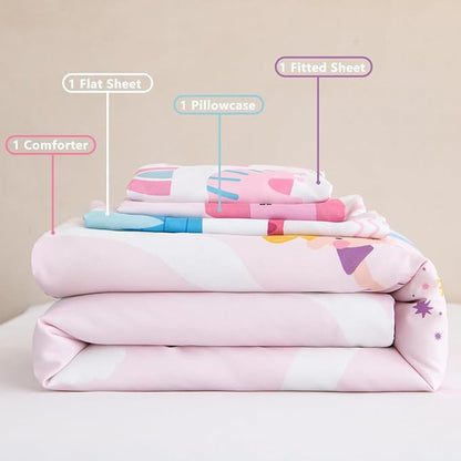 PERFEMET 4 Pcs Twin Bedding Set for Girls Pink Castle Kids Bed in A Bag Comforter Set Ultra Soft Reversible Fairy Tales Themed Bedding Comforter with Sheet Set for All Seasons(Pink, Castle)