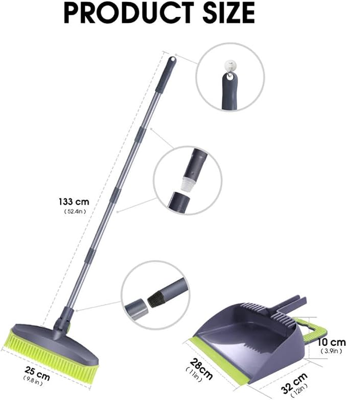 Adjustable Rubber Push Broom and Dustpan Set, Self Cleaning Indoor Outdoor - Image 2