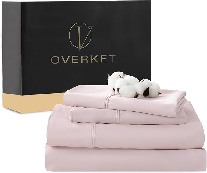 Egyptian Cotton Sheets Full Size 4PCS 1000 Thread Count Sateen Weave Soft Breathable 16-Inch Deep Pocket （Full,Light Pink）