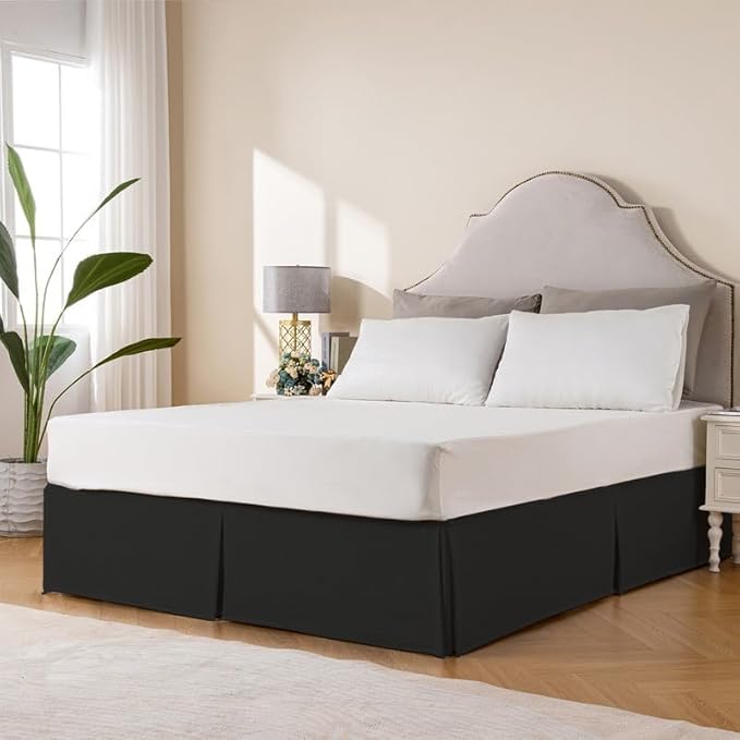 MIYE Pleated Waffle Weave Bed Skirt, Tailored Dust Ruffle 16 Inch Drop Easy Fit, Machine Washable (Black, Queen - 16" Drop)
