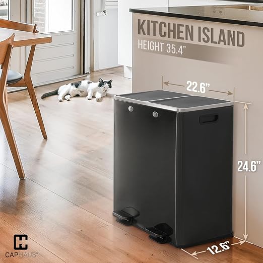 CAPHAUS Black Dual Trash Can w/Double Lid, Trash & Recycle Bins Combo, - Image 2
