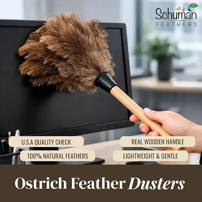 Feather Duster with Ostrich Feathers Wooden Handle 14" – Natural Reusable Duster - Image 2