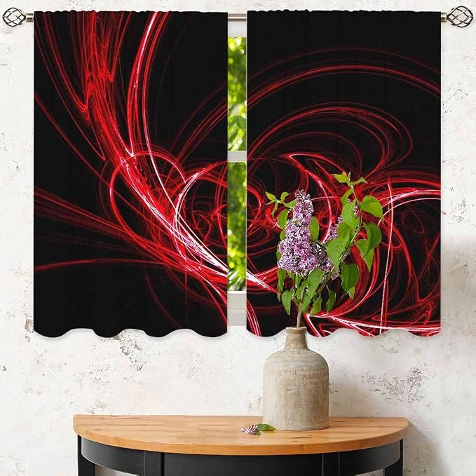 Red Circle Kitchen Curtains Abstract Red Circles Lines Black Mystical Short - Image 6