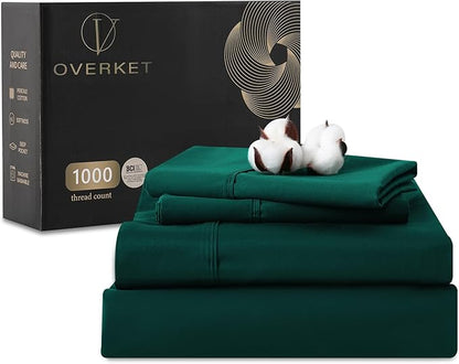 100% Egyptian Cotton Sheets Cal King Sheet Set 1000 Thread Count Sateen Weave Soft Breathable 16-Inch Deep Pocket 4PCS（California King,Dark Green）