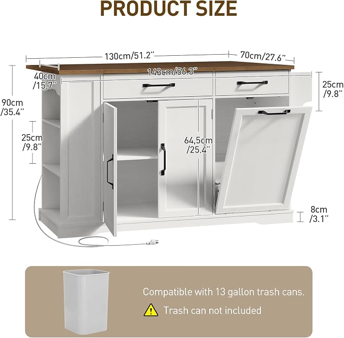 Kitchen Island with Power Outlet & Drop Leaf, Rolling Storage Cart with Trash - Image 2