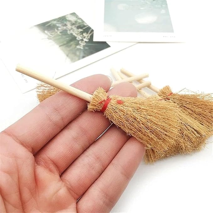 5Pcs Mini Witch Brooms for Dollhouse, Handmade 1:12 Scale Broomstick Set - Image 3