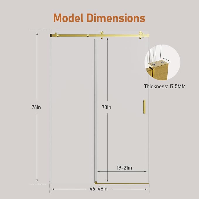 46-48 Inch Frameless Sliding Shower Door, 5/16" Clear Tempered Glass, Smooth - Image 2
