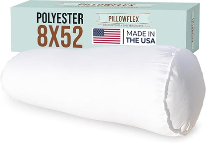 Pillowflex Bolster Pillow (8x52) - Round Roll Pillow Bolster Insert, Plush Polyester-Filled Insert for Decorative Shams, Odorless, Lint and Dust-Free Polyester Filling, No Lumps - (White)