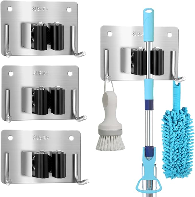 Mop and Broom Holder Wall Mount Stainless Steel 304 Tool Garage Organization - Image 2