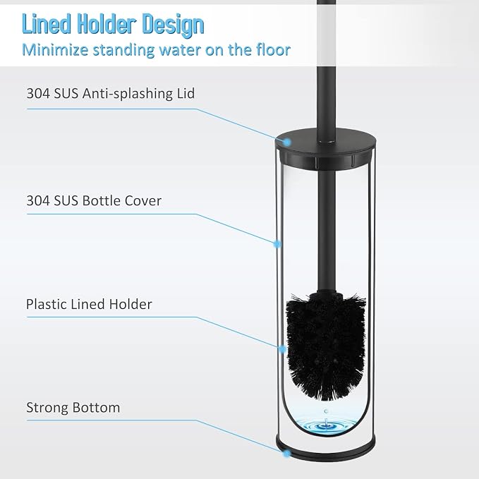Toilet Brush and Holder Set Black Stainless Steel, 304 Heavy Duty Round Toilet - Image 5