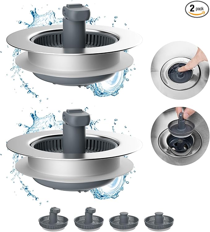 Hibbent 2 Pack 3 in 1 Kitchen Sink Drain Strainer and Stopper Combo, Chrome by Hibbent