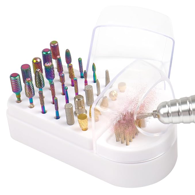 Nail Drill Bits Holder 2 in 1 Nail Drill Bits Cleaning Brush Case, 30 Holes by YINGJEE