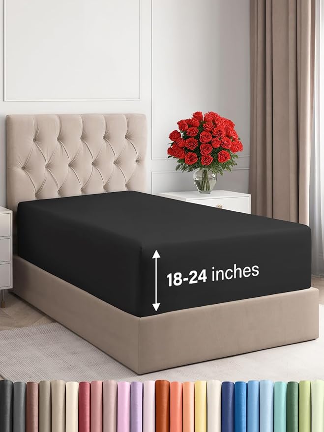 Extra Deep Twin Fitted Sheet - Hotel Luxury Single Fitted Sheet Only - Easily Fits 18 inch to 24 inch Mattress - Ultra Soft, Wrinkle Free w/Extra Deep Pockets - Easy-Care, Breathable & Comfy - Black