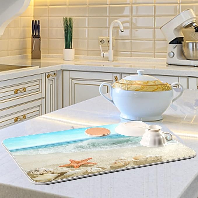 Sweetshow Summer Beach Dish Drying Mat 16 x 18 Inch Sea Wave Shells Starfish - Image 5