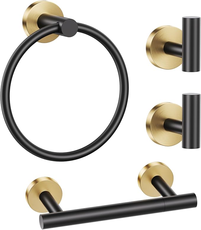 Black Gold Bathroom Hardware Set, 4-Piece Towel Holder Set Include Double Bases by LairuierBathroomHardwareSet