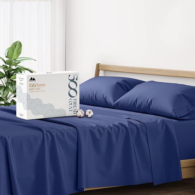 Mayfair Linen 100% Cotton Bed Sheets Queen Set - 500 Thread Count Cotton Sheets for Queen Size Bed, 4 PC Set (Navy Blue), Ultra Soft, Cooling, Sateen Weave 16" Deep Pocket Bedsheet for Hot Sleepers