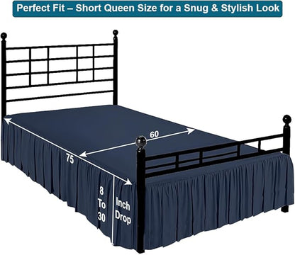 Shreem Linen Ruffled Bed Skirt with Split Corners, Gathered Style, 100% Microfiber, 10-Inch Drop, Dust Ruffle Bedskirt with Platform, Short Queen, Navy Blue