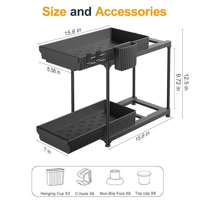 2 Pack Double Sliding Under Sink Organizers and Storage, 2 Tier Under Bathroom - Image 6