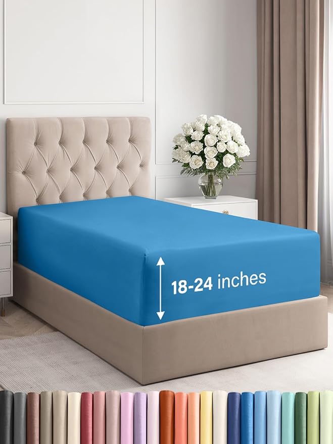 Extra Deep Twin Fitted Sheet - Hotel Luxury Single Fitted Sheet Only - Easily Fits 18 inch to 24 inch Mattress - Ultra Soft, Wrinkle & Fade Free w/Extra Deep Pockets - Breathable & Comfy - Denim Blue