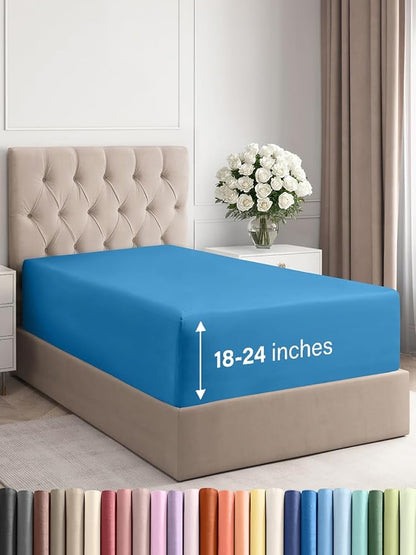 Extra Deep Twin XL Fitted Sheet - Hotel Luxury Single Fitted Sheet Only - Easily Fits 18 inch to 24 inch Mattress - Ultra Soft, Wrinkle Free with Extra Deep Pockets - Breathable & Comfy - Denim Blue