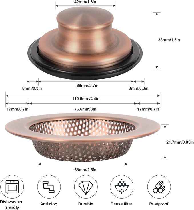 RQYEKDO Kitchen Sink Strainers Sink Stopper Kits, Stainless Steel Sink Drain - Image 3