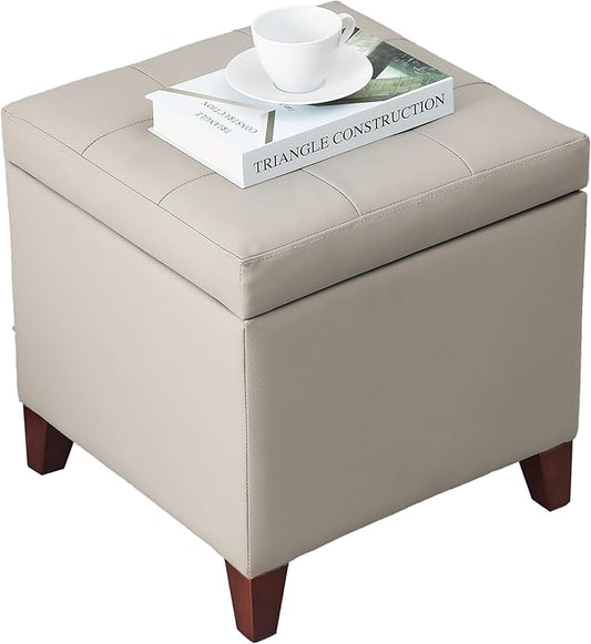 Adeco 18" PU Storage Ottoman, Upholstered Square Faux Leather Foot Rest by Adeco