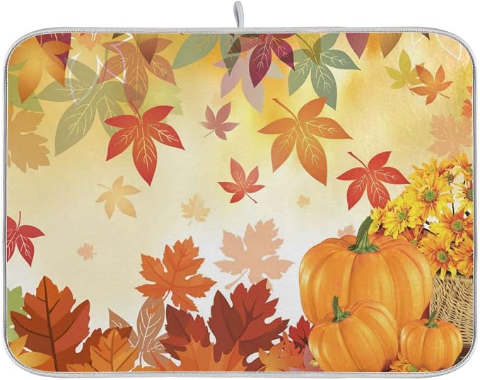 Autumn Fall Dish Drying Mat for Kitchen Counter Pumpkin Maple Leaves Drying Mat by Sweetshow