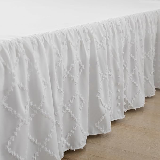 Bed Skirt Queen Size Ruffled Bed Skirt with Split Corners, 18 Inch Drop Dust Ruffle Bed Skirts with Platform, Boho Tufted Shabby Chic Queen Size Bed Skirts, White