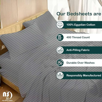 NON Sticky cotton Queen Size Sleeper Sofa Sheets, 4 Piece Egyptian Cotton Bed Sheet Set for Sofa Bed, 7" Deep Pocket for Pull Out Couch Mattress, 60" x 75", Light Grey Stripe, Soft & Breathable