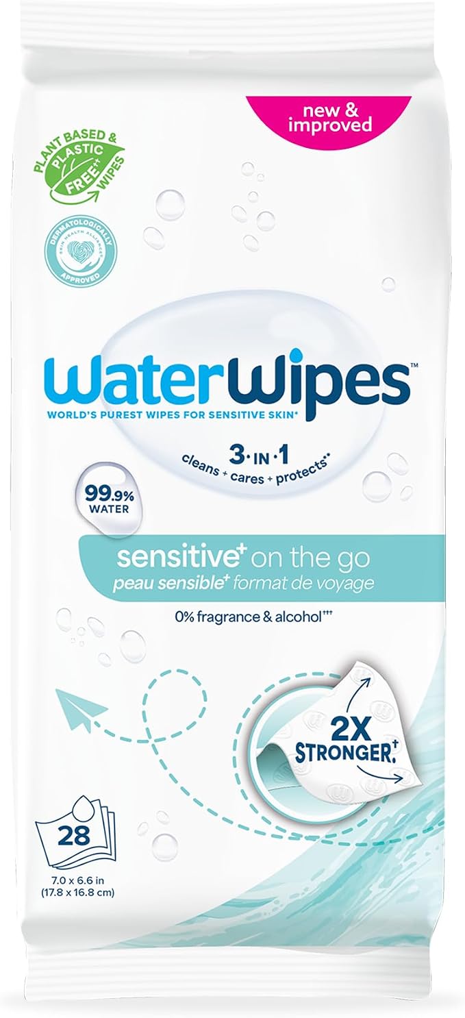 WaterWipes Sensitive+ On The Go Wipes, 3-In-1 Cleans, 99.9% Water, Unscented & by WaterWipes