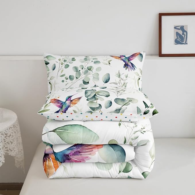Erosebridal Cartoon Hummingbird Full Comforter Set Toddler Wildlife Bird Bedding Set Full, Plant Bedding Comforter Sets Eucalyptus Leaf Duvet Set, Jungle Animal Theme Quilted Comforter Kids Room Decor