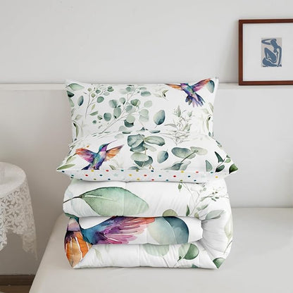 Erosebridal Cartoon Hummingbird Full Comforter Set Toddler Wildlife Bird Bedding Set Full, Plant Bedding Comforter Sets Eucalyptus Leaf Duvet Set, Jungle Animal Theme Quilted Comforter Kids Room Decor
