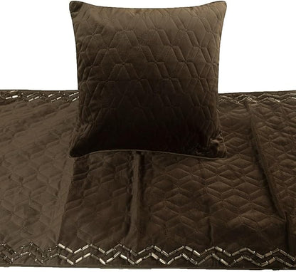 The HomeCentric King Queen Twin Brown Designer Full 68"x18" Bed Runner with 2 Pillow Cover, Quilted & Crystals Bed Scarf on Velvet Fabric - Brown Diamond Symphony