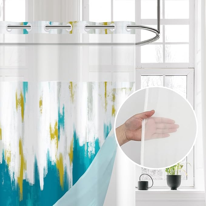 No Hook Shower Curtain with Snap in Liner, Hotel Style Teal Blue White Gold - Image 3