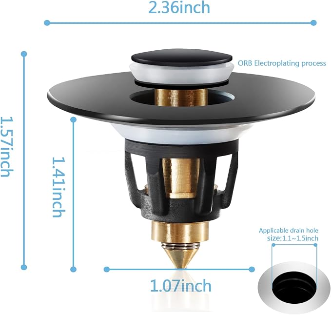 Black Bathroom Sink Stopper – Pop Up Drain Stopper & Sink Strainer, Universal - Image 2