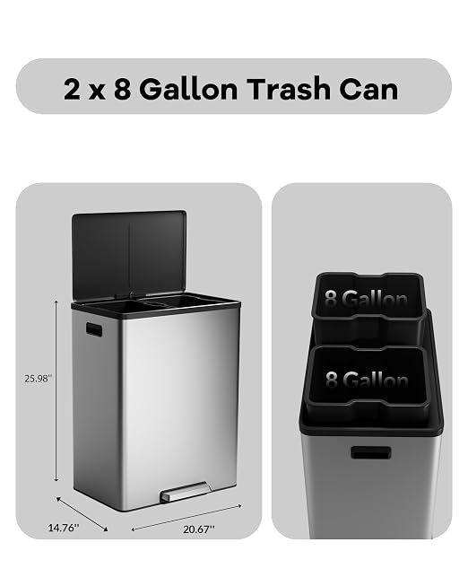 Garvee Dual Trash Can for Recycling and Trash, 2 x 30 L Stainless Steel Kitchen - Image 5