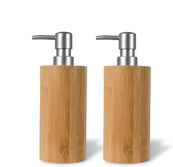 2 Pack Natural Bamboo Liquid Soap Dispensers, 10 oz Refillable Bottles by ABBINIMO