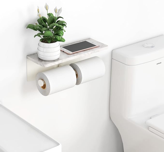White Toilet Paper Holder with Shelf, New Upgrade Double Toilet Paper Holder - Image 2