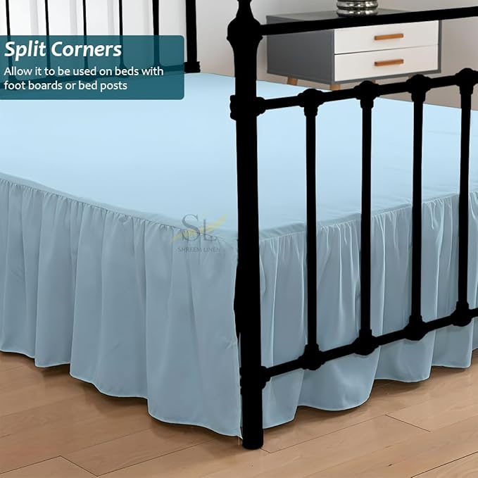 Shreem Linen Ruffled Bed Skirt with Split Corners, Gathered Style, 100% Microfiber, 28-Inch Drop, Dust Ruffle Bedskirt with Platform, Olympic Queen, Light Blue